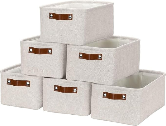 HNZIGE Fabric Storage Baskets for Organizing Small Storage Baskets for Shelf,6 Pack Shelf Baskets for Storage with Leather Handles, Foldable Baskets for Organizing Clothes(Cream 11.8" x 7.8" x 5.1")