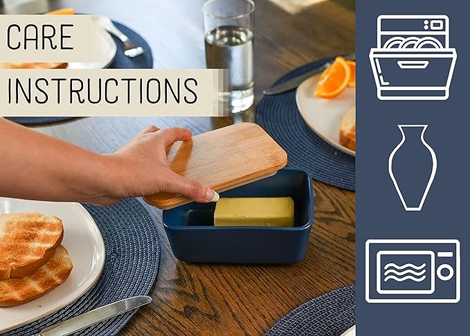 Nat & Jules Ceramic Stoneware 1/2 Pound, 2 Sticks Butter Dish with Airtight Bamboo Lid, Kitchen Accessory, Container Holder, Refrigerator Storage and Countertop Organization, Matte Navy Blue
