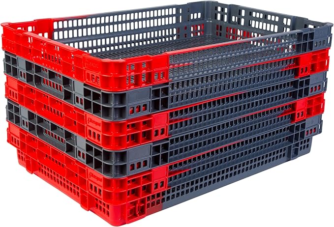 Hudson Exchange 23.5 x 15.75 x 4" (4.9 Gallon, 5 Pack) Agricultural Nest and Stack Vented Crate Handled Storage Container Tote, Red/Black