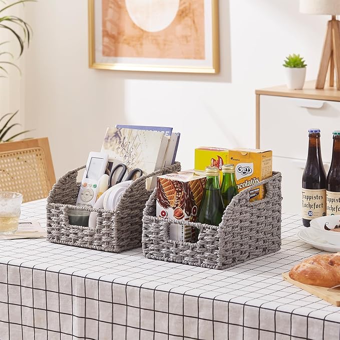 OIAHOMY Pantry Baskets for Organizing, Paper Rope Baskets with Built-in Handles, Wicker Storage Bins for Shelves, 2 Pack-Grey