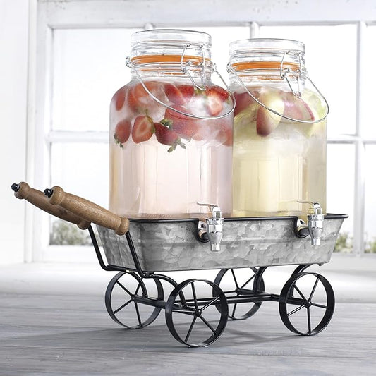 Vintage Wagon Glass Beverage Dispenser with Metal Stand, 2-Pack Drink Dispensers with Wooden Handles, Galvanized Ice Bucket Base for Parties 1 Gallon