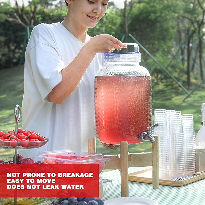 EGGKITPO 1.5 Gallon Drink Dispensers with Spigot and Elegant Stand for Parties Polycarbonate Lemonade Dispenser with Wood Stand Blue Cover Iced Beverage Dispenser for Water Punch Juice BPA FREE