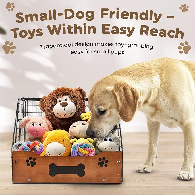 Dog Toy Basket Large – Metal & Wood Dog Toy Bin, Trapezoidal Dog Toy Box with Wide Opening, Farmhouse Dog Toy Storage Organizer for Blankets, Leashes & Accessories, Stylish Basket for Dog Toys