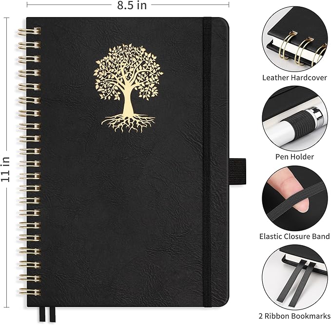 RETTACY Bullet Dotted Journal Notebook, 110 Pages, A4 Medium Size (8.5" × 11"), Leather Hardcover, 100 GSM Thick Paper, Spiral-bound, for Bullet Journaling, Planning, Tracking (Black)