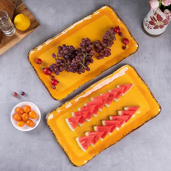 LEHAHA Melamine Farmhouse Rectangular Serving Platter Sets, 17.5" x 10" Large Serving Tray Sets,100% Melamine, Dishwasher Safe, BPA Free, Lightweight and Unbreakable,Gold