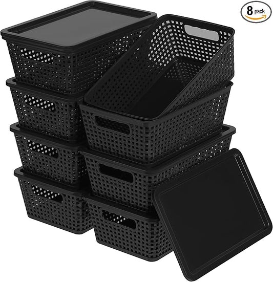 Plastic Storage Baskets With Lid, Storage Bins for Organizing, Stackable Decorative Containers for Shelves Drawers Desktop Closet Playroom Classroom Office, 8 Pack-Black