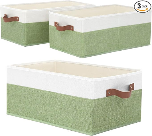3 Pack Large Capacity Storage Bins Closet Organizer for Shelves, Fabric Closet Storage Baskets Boxes with Leather Handles for Organizing Clothes, Sheets, Jeans, Toys, Books (Green)