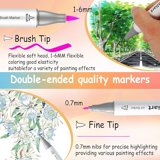 Caliart 61 Colors Brush & Fine Permanent Alcohol Markers, Dual Tip Artist Sketch Art Markers Set for Adult Coloring Book, Aesthetic Cute School Supplies, Pens for Drawing Coloring Illustrations