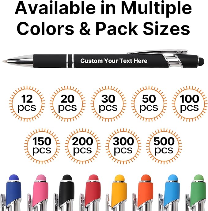 Custom Pens Personalized in Bulk – Engraved with Name, Text on Both Sides – Multiple Colors – Black Ink Ballpoint Pens with Stylus – Great for Business, Events, Parties, Marketing, Gifts