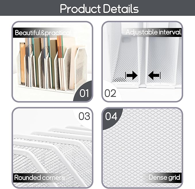 Adjustable Desk File Organizer,Detachable Office Folder Organizer,Compact Vertical Desk File Holder,Wrought Iron Paint,Suitable for Home, School, Office Classrooms (White - 7 grids)