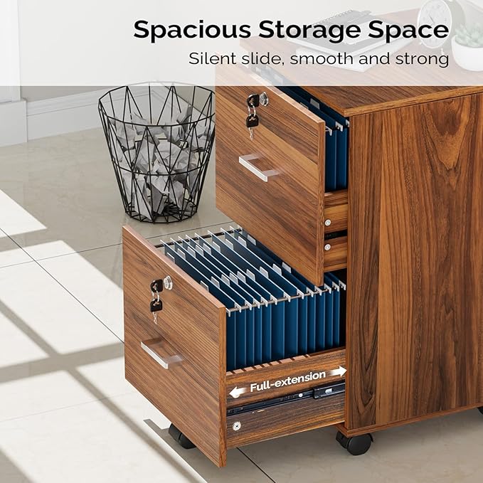 VINGLI 2-Drawer Rolling File Cabinet with Lock, Wood Mobile File Organization for Hanging Letter Size Filings Under Desk Filing Cabinets for Home Office, Assembly Required, Classic Walnut, 26.5" H