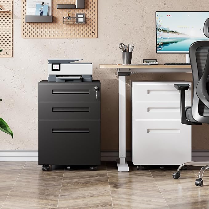 DEVAISE 3-Drawer Metal File Cabinet with Lock, Mobile Filing Cabinet Under Desk for Home Office, Fully Assembled Printer Stand fits A4/F4/Letter/Legal Size, Black, 20" D x 15" W x 24" H