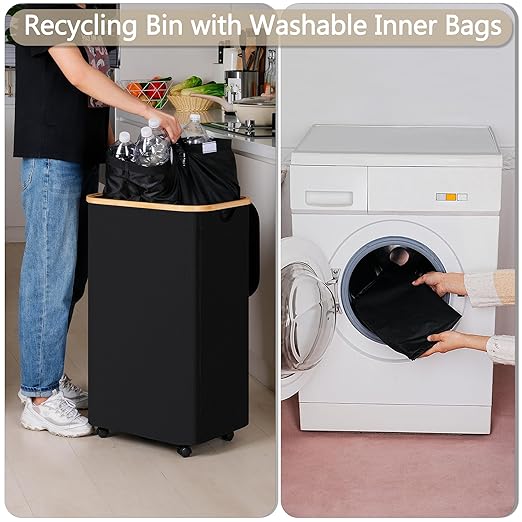 efluky Recycle Bins for Kitchen 100L (26 Gallon), Recycling Bin with Wheels and 2 Removeable and Reusable Inner Bags, Kitchen Recycling bin with lid for Bottle Can Plastice Stickers, Black