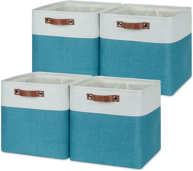 Temary Baskets Storage 12 Inch Fabric Storage Cubes Storage Baskets with Handle, Large Cube Storage Bins for Storage Books, Blankets, Clothes Baskets for Gift (White&Teal)