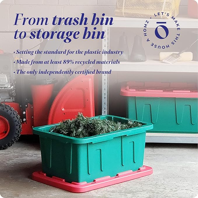 HOMZ 2-Pack Durabilt, Heavy Duty Plastic Storage Bins with Lids, 15 Gallon, Green/Red - Stackable Container Boxes for Holiday, Attic, and Garage Organization