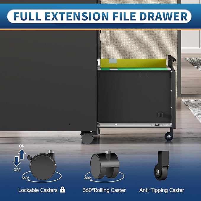 3 Drawer File Cabinet with Lock and Wheels,Rolling File Cabinets with Lock,Vertical Metal Filing Cabinet for Legal/Letter/A4 File-Black/Assembly Required