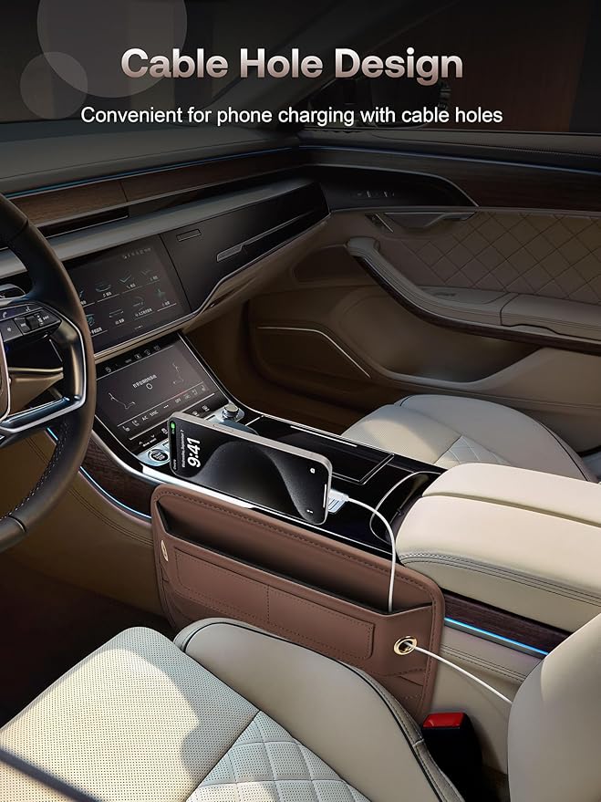 Premium Leather Car Seat Gap Filler Organizer, Universal Fit Accessories for Women/Men Interior, Center Console Organizer with Card Slots for Car, SUV, Truck (Brown, 1 Pack)