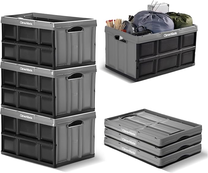 CleverMade Collapsible Storage Bins - Ocean 3 Pack 46L / 12 Gal holds 66 lbs - Stackable Containers Heavy Duty Capacity Crates Space-Saving