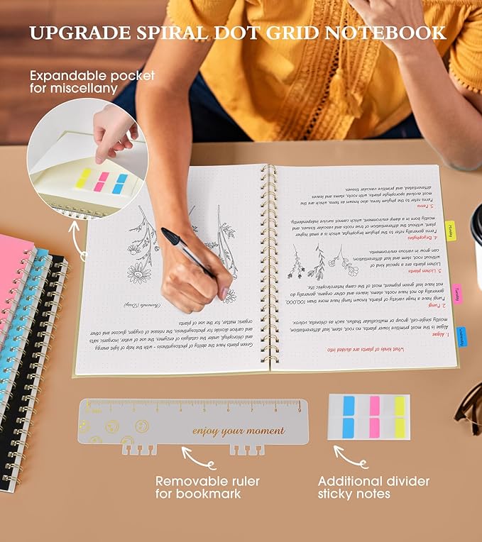 Dotted Notebook, Spiral Notebook Journal 8.5” x 11”, A4 Large Dot Grid Notebooks for Women Men, 100 GSM Dotted Paper, Plastic Hardcover Spiral Bullet Journals for Work School Sketching, Yellow