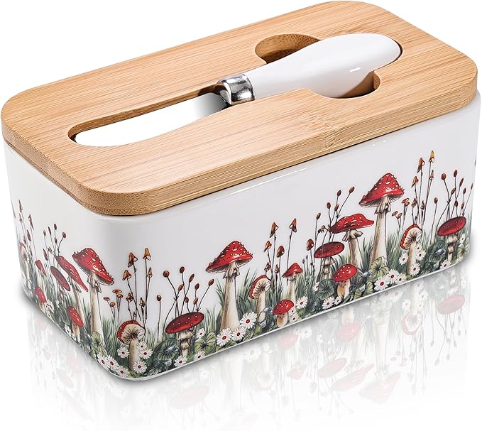 Fungi Fun Ceramic Mushroom Butter Dish with Lid and Knife, Cute Butter Dish for Countertop and Fridge, Ceramic Container for Countertop with Lid and Selicon Seal, Ideal for Mushroom Kitchen Decor