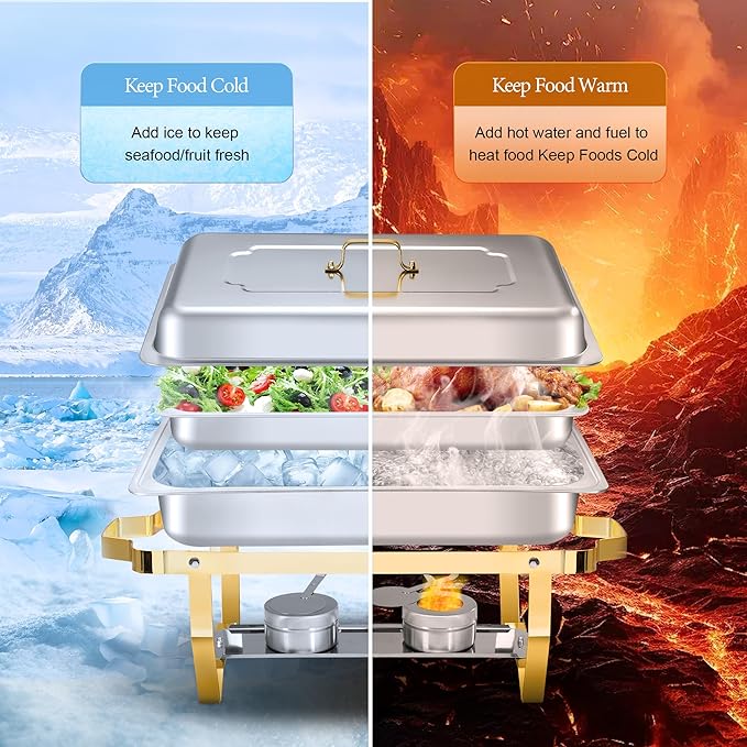 Rengue 9.5QT Chafing Dishes for Buffet, 4 PCS Golden Stainless Steel Chafing Dish Buffet Set, Buffet Servers and Warmers Heating & Cooling Food Warmers for Parties Buffet,Banquets,Weddings,Gatherings