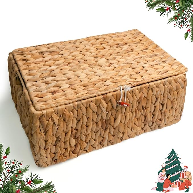 KOKODO Rectangular Water Hyacinth Basket with Lid for Organizing, Wicker Basket with Lid for Shelves and Closet, Handwoven Storage Basket with Lid and Handles