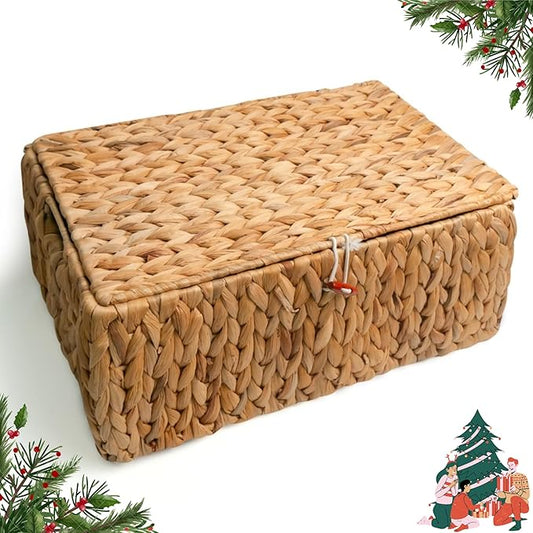 KOKODO Rectangular Water Hyacinth Basket with Lid for Organizing, Wicker Basket with Lid for Shelves and Closet, Handwoven Storage Basket with Lid and Handles