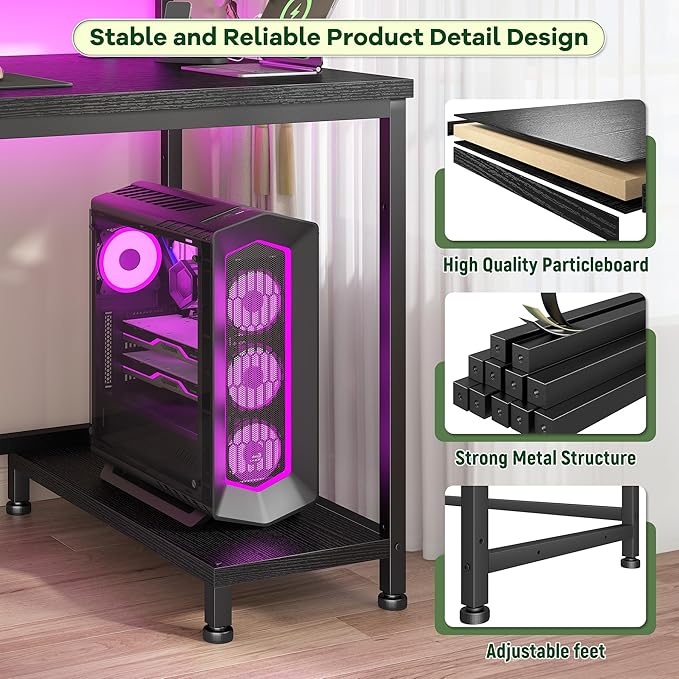 39.3" Gaming Desk with Power Outlet and LED Lights,Computer Desk with Adjutable Monitor Stand and Drawer,Office Desk with CPU Stand for Home Work,Study and Gaming, Small Spaces,Black