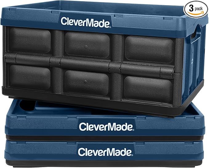 CleverMade Collapsible Storage Bins - Ocean 3 Pack 32L / 8 Gal holds 66 lbs - Stackable Containers Heavy Duty Capacity Folding Crates Space-Saving