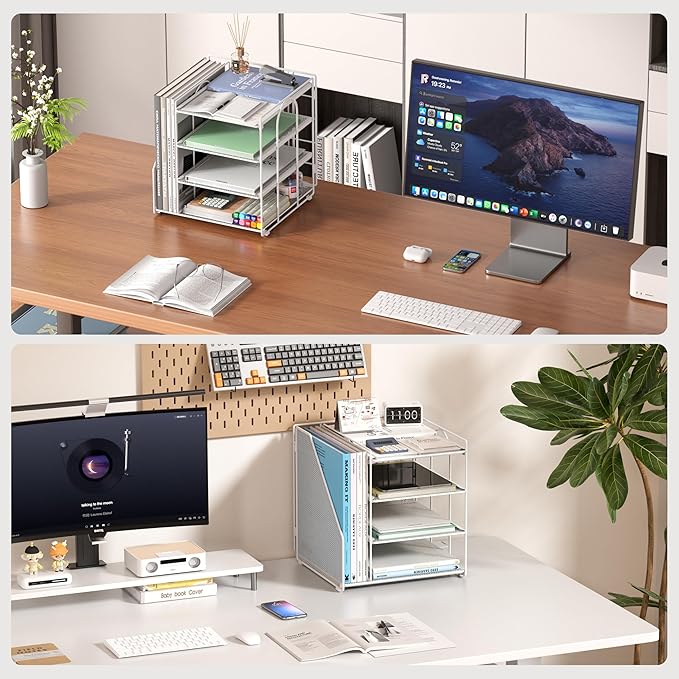 White Desk Organizer and Accessories, 4-Tier Paper Organizer for Desk, Office Accessories & Workspace Organizers and Desktop Storage for Office Supplies (White)