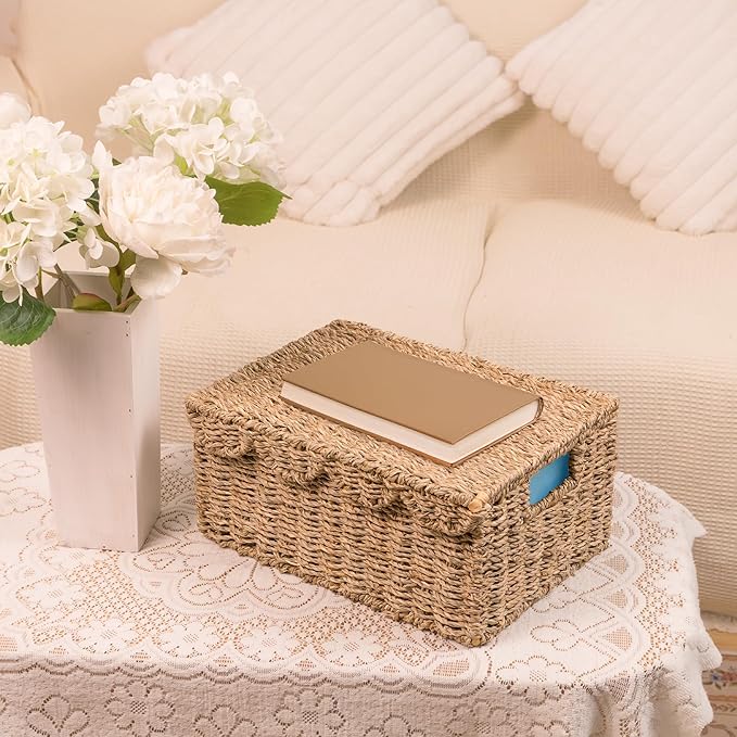 KOKODO Set of 2 Scalloped Wicker Baskets – Handwoven Rectangular Seagrass Storage Baskets with Lid and Handles for Organizing, Living Room & Shelf Décor – Decorative Rattan Organizing Bins