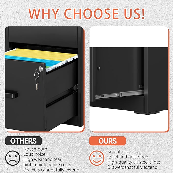 Metal Filing Cabinet With Lock, Vertical 2 Drawer Cabinet for Home Office/Legal/Letter/A4, Lockable for Hanging Files - Assembly Required/Black