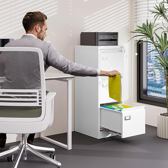 3 Drawer File Cabinet with Lock Metal Vertical File Storage Cabinet Office Home Steel Vertical File Cabinet for A4 Legal/Letter Size Narrow File Cabinet Locked,Assembly Required