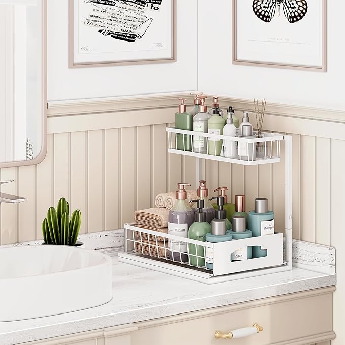 Under Sink Organizer and Storage, Height Adjustable Cabinet Organizer with Slide Out Drawer, Pull Out Under Sink Storage, Multi-Purpose 2 Tier Sink Shelves for Kitchen Bathroom Pantry (White, 1 Pack)