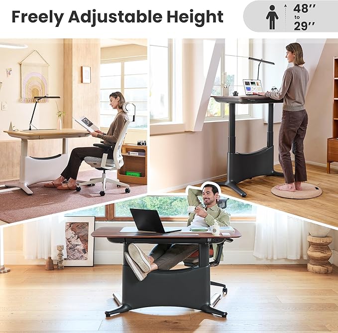 COLAMY Electric Adjustable Standing Desk – 48 x 28 Inch Sit Stand Desk with Drawer & Cable Management, Dual Motor Lift System, Ergonomic Footrest, Home Office Table (Veneer Desktop, Walnut + Black)