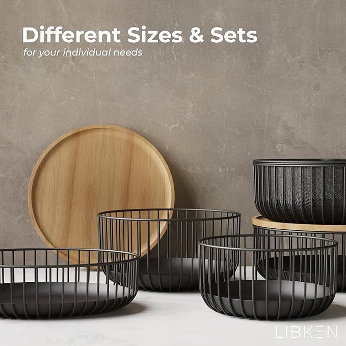 Metal Wire Mesh Fruit Basket with Wooden Lid - Fly-Proof Indoor Solution for Fresh Fruits - Covered Fruit Bowl with Lid - Produce Cover Against Flies for Vegetables - Black