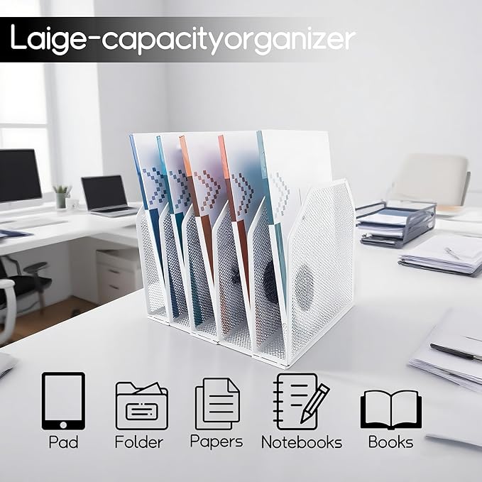 Adjustable Desk File Organizer,Detachable Office Folder Organizer,Compact Vertical Desk File Holder,Wrought Iron Paint,Suitable for Home, School, Office Classrooms (White - 5 grids)