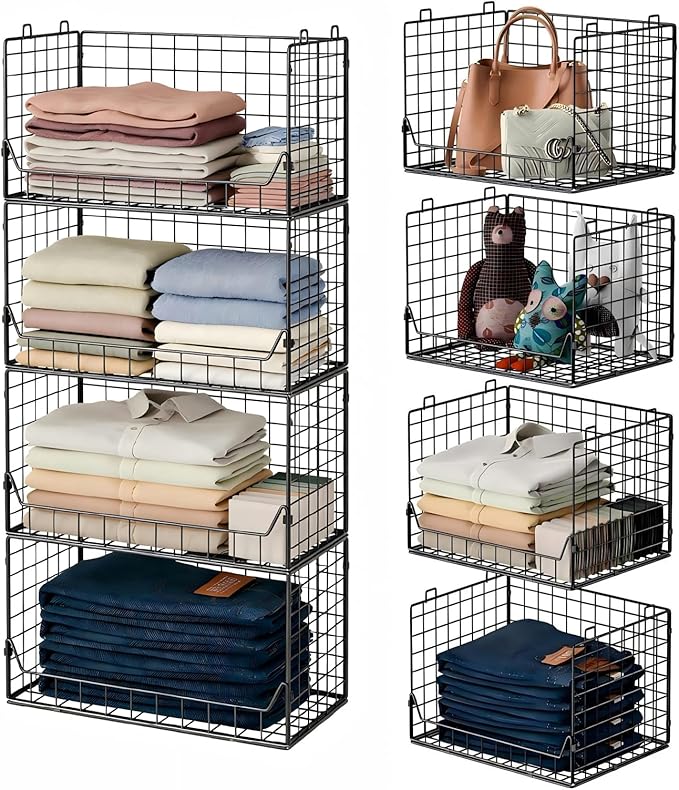 4-Tier Extra Height Stackable Closet Organizer – Foldable Storage Bins for Sweaters, Jeans, and Clothes – Sturdy Iron Mesh Shelves for Neat and Efficient Closet Storage – Black