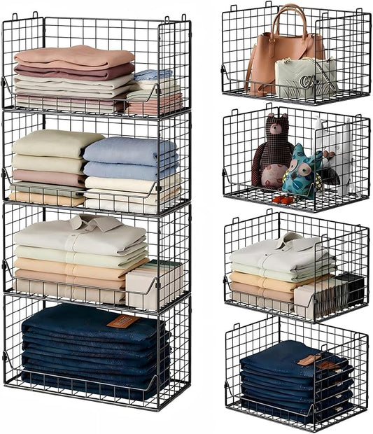 4-Tier Extra Height Stackable Closet Organizer – Foldable Storage Bins for Sweaters, Jeans, and Clothes – Sturdy Iron Mesh Shelves for Neat and Efficient Closet Storage – Black