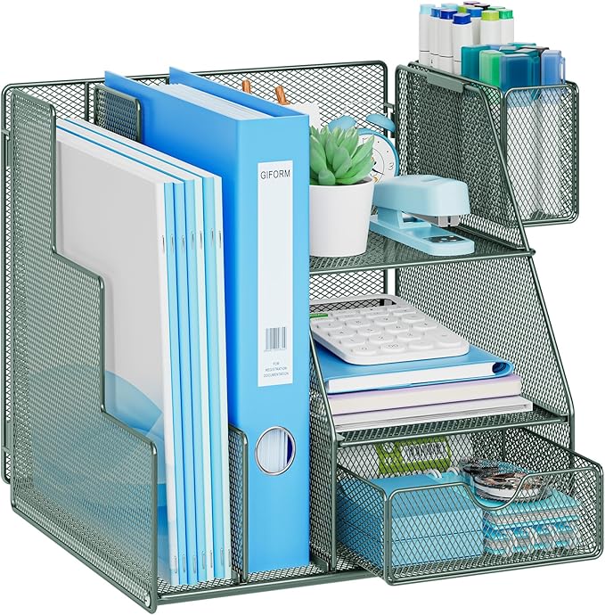 Marbrasse Desk Organizer and Accessories, 3-Tier File Organizer with Drawer and Pen Holder, Small Desktop Organizer and Storage for Workspace Office Supplies Green