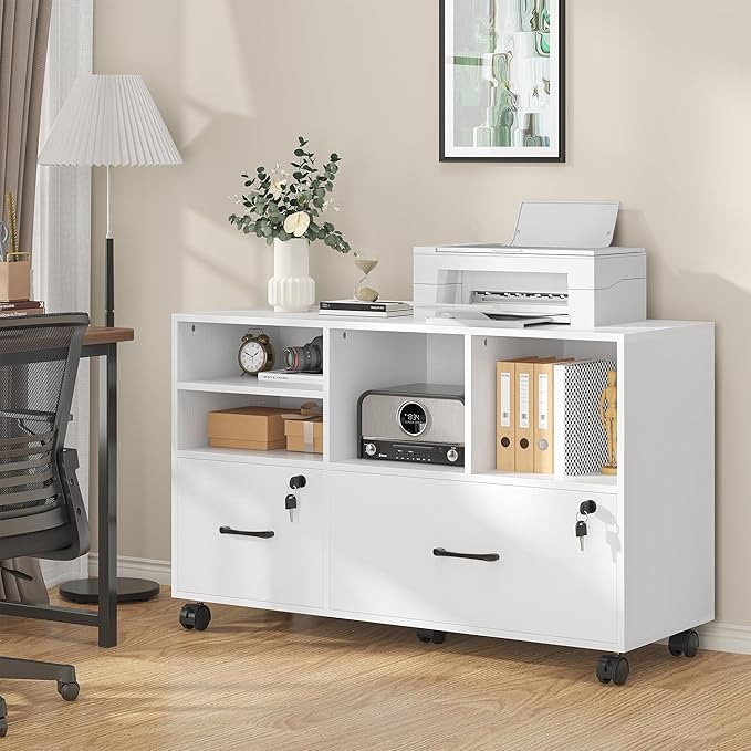2 Drawer Wood Mobile Large Lateral File Cabinet with Lock, Lockable Rolling Filing Cabinet with Storage Shelves, Printer Stand Office Storage for Home Office Fits Files Legal/A4,White