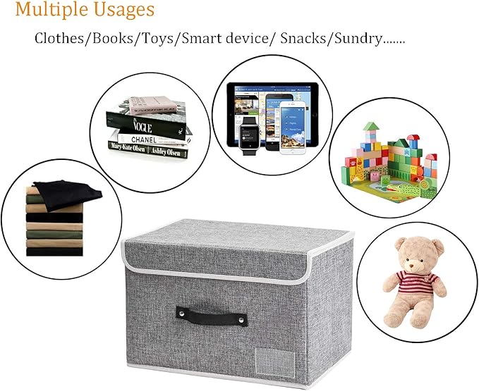 Small Storage Boxes with Lids 2 Pack Linen Collapsible Cube Storage Basket with Handle & Label, Jane's Home Foldable Fabric Storage bins for Shelf & Closet to storage Clothes & Toys