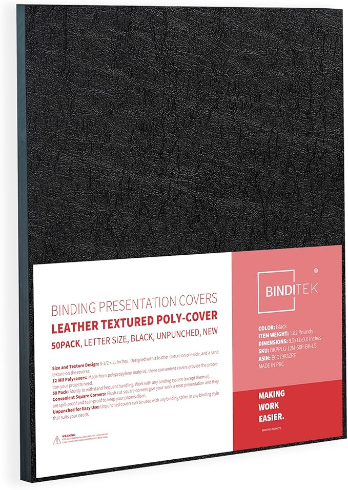 Binditek 50 Pack 12 Mil Leather-Textured Midweight Polycovers, Plastic Binding Presentation Covers, 8-1/2 x 11" Letter Size, Square Corners, Un-Punched, Black