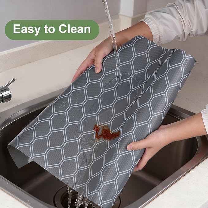 Non-Adhesive Shelf Liner Roll - Waterproof No-Slip Drawer & Cabinet Mat for Kitchen, Refrigerator, Bathroom, Easy to Cut EVA Drawer & Shelf Liners, 12" x 197", Grey