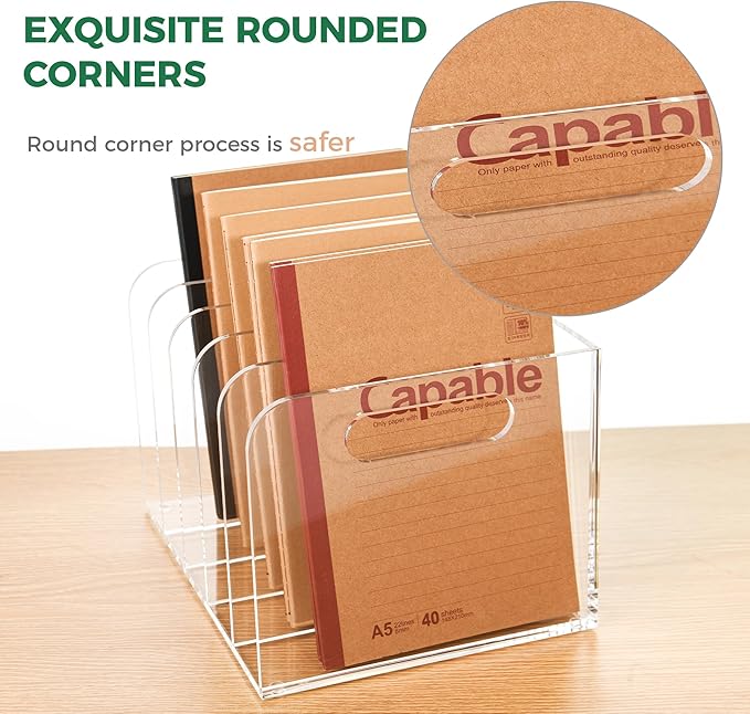 Clear Acrylic Organizers - 5 Vertical Compartments Acrylic Folder Organizer & File Organizer, Desk Document Storage Bins for Magazines, Binders - Multipurpose Home Office Desk Organizer