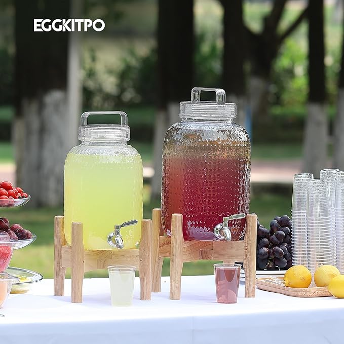 EGGKITPO 2.2 Gallon Drink Dispensers with 304 Stainless Steel Spigot for Parties Lemonade Dispenser with Wood Bracket Clear Cover Polycarbonate Beverage Dispenser for Home Use