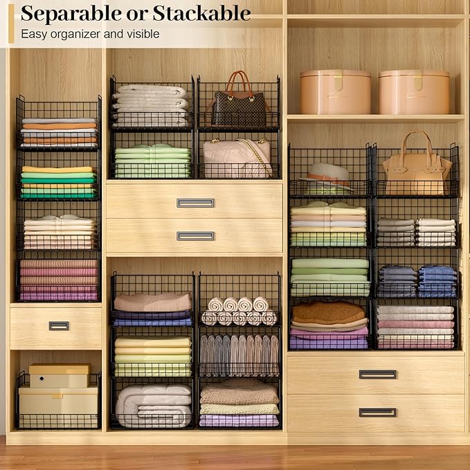 4-Tier Stackable Closet Organizers and Storage Shelves, Foldable Closet Shelf Organizer System, Space-Saving Clothes Storage Drawer Organizer Basket Bins, Black