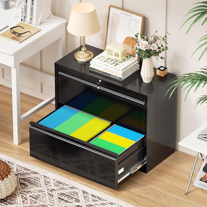 Bonusall Lateral File Cabinet with Lock, 2 Drawer Locking Lateral Filing Cabinet for Legal/Letter Size, Metal Horizontal File Organizer with Hanging Rack for Home Office, Heavy Duty, Black