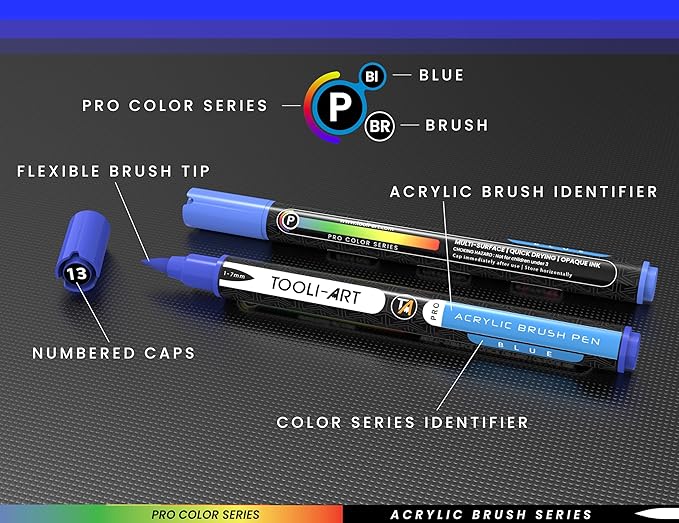 22 Flexible Brush Tip Acrylic Paint Pens Markers Set 1-7mm Line for Rock Painting, Brush Lettering, Glass, Mugs, Wood, Metal, Canvas, Fabric, Plastic. Non Toxic Waterbased Quick Drying Assorted Blue