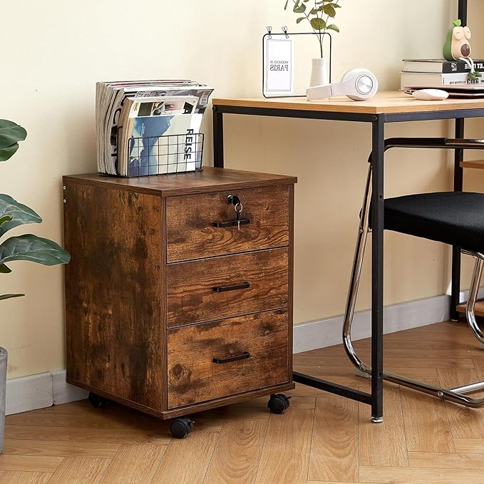 TUKAILAi Mobile File Cabinet with 3 Drawers, Lockable Storage Unit Wooden Rolling Office Filing Cabinet with Wheels, for Legal/Letter/A4 Sized Documents Home Office (Rustic Brown 1PCS)